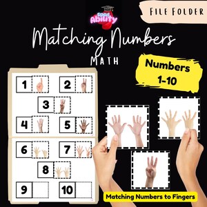 May include: Educational math game featuring a file folder with numbers 1-10 and corresponding hand gestures. The game includes cards for matching numbers to fingers. The text "Matching Numbers" and "Numbers 1-10" are visible.