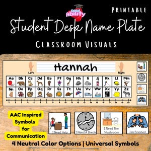 Student Desk Name Plate | Visual Supports for AAC Learners | Letters Numbers Communication & More | Neutral Color Classroom Decor | PDF