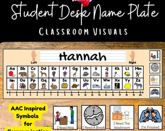 Student Desk Name Plate | Visual Supports for AAC Learners | Letters Numbers Communication & More | Neutral Color Classroom Decor | PDF