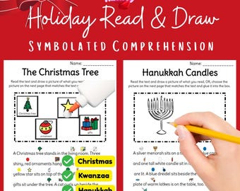 Holiday Read & Draw Symbol Supported Passages | Christmas Hanukkah Kwanzaa | Reading Comprehension and Art Worksheets for Primary