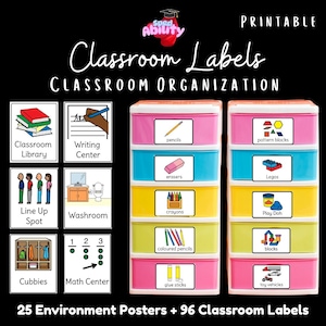 Può includere: Etichette stampabili per l'organizzazione della classe con contenitori colorati. Le etichette includono "matite", "gomme", "pastelli" e "colla stick". L'immagine presenta anche etichette per "Biblioteca di classe", "Centro di scrittura" e "Centro di matematica". Il testo recita "25 poster ambientali + 96 etichette per la classe."