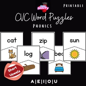 Op de afbeelding: Afdrukbare CVC-woordpuzzels voor foniek. De afbeelding toont kaarten met woorden als "kat", "ritssluiting" en "zon", elk gekoppeld aan een bijbehorende illustratie. De woorden zijn in witte letters op een zwarte achtergrond. De tekst "Short Vowels" is ook opgenomen.