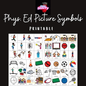 Può includere: Un set stampabile di simboli di immagini per attività di educazione fisica. I simboli includono immagini di corsa, salto, salto a piedi uniti, seduta, in piedi, lancio, presa, salto con la corda, e altro ancora. Ci sono anche simboli per attrezzature come una pallacanestro, un pallone da calcio, una pallavolo e una racchetta da badminton.