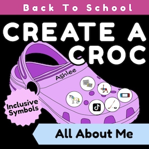 Puede incluir: Un zueco de color morado claro con el nombre Ashlee y varios dijes circulares con iconos que incluyen un unicornio, una consola de juegos, un palo de hockey y un logo de red social. El texto dice Back To School, CREATE A CROC y All About Me.
