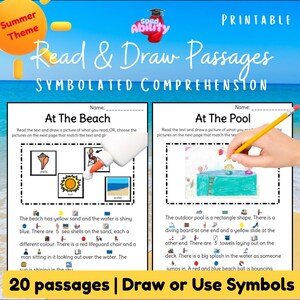 Può includere: Un set di schede didattiche stampabili intitolato Read & Draw Passages Symbolated Comprehension a tema estivo. Le pagine presentano testo con icone, tra cui At The Beach e At The Pool, progettate per attività di lettura e disegno.