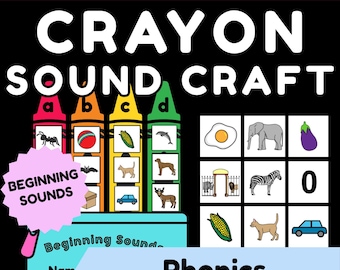 May include: A kindergarten reading phonics worksheet titled Crayon Sound Craft. It features four coloured crayon illustrations labelled a, b, c, and d, each containing small images. A grid on the right displays various objects, and a pink starburst reads Beginning Sounds.