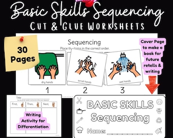 Basic Skills Sequencing | 30 Cut & Glue Worksheets | Symbolated Special Ed | Differentiated