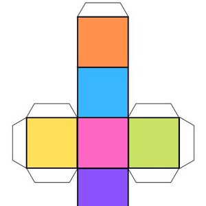 K&ouml;nnte beinhalten: Eine druckbare Vorlage zum Basteln eines W&uuml;rfels mit sechs verschiedenen farbigen Quadraten. Die Quadrate sind orange, blau, gelb, rosa, gr&uuml;n und lila.