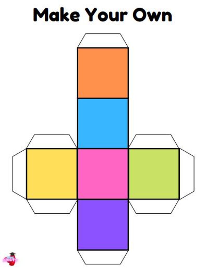 K&ouml;nnte beinhalten: Eine druckbare Vorlage zum Basteln eines W&uuml;rfels mit sechs verschiedenen farbigen Quadraten. Die Quadrate sind orange, blau, gelb, rosa, gr&uuml;n und lila.