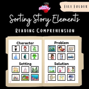 May include: A file folder with the text "File Folder" at the top. The folder is divided into sections labeled "Character," "Problem," "Setting," and "Solution." Each section contains images related to reading comprehension.