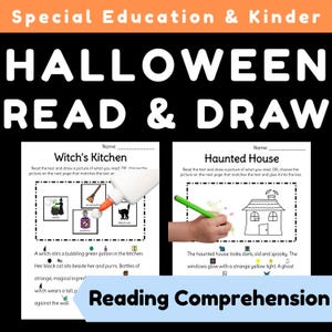 Op de afbeelding: Twee educatieve werkbladen getiteld Witch's Kitchen en Haunted House met zwarte tekst op wit papier. De pagina's bevatten leesbegripoefeningen, illustraties van een heks en een huis, en interactieve gebieden om te tekenen of uitsparingen te plakken.
