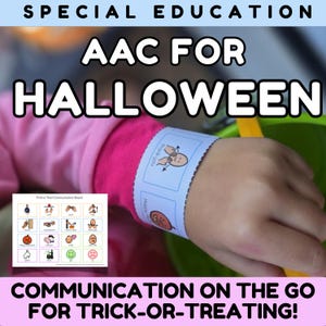 May include: A white paper wristband featuring communication icons for Halloween, including a thank you gesture and a pumpkin. A matching rectangular communication board displays twelve grid squares with various icons and text labels.