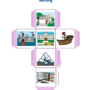 K&ouml;nnte beinhalten: Ein druckbares Spiel f&uuml;r Kinder, um Geschichten zu erstellen. Das Spiel enth&auml;lt sechs verschiedene Umgebungen: ein Haus, eine Burg, eine Schule, einen Berg, eine Stadt und ein Boot. Das Spiel hei&szlig;t "Roll a Story" und die Umgebungen sind mit "Setting" beschriftet.