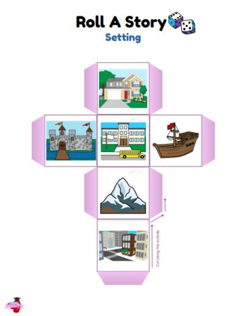 K&ouml;nnte beinhalten: Ein druckbares Spiel f&uuml;r Kinder, um Geschichten zu erstellen. Das Spiel enth&auml;lt sechs verschiedene Umgebungen: ein Haus, eine Burg, eine Schule, einen Berg, eine Stadt und ein Boot. Das Spiel hei&szlig;t "Roll a Story" und die Umgebungen sind mit "Setting" beschriftet.