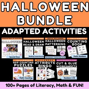 Könnte beinhalten: Ein digitales Halloween-Paket mit angepassten Aktivitäten, das Lese- und Mathe-Arbeitsblätter enthält. Die Sammlung umfasst ein Zählbuch, Zählpuzzles, Attribut-Bingo sowie Ausschneide- und Klebeübungen mit Motiven wie Spukhäusern und Hexen.