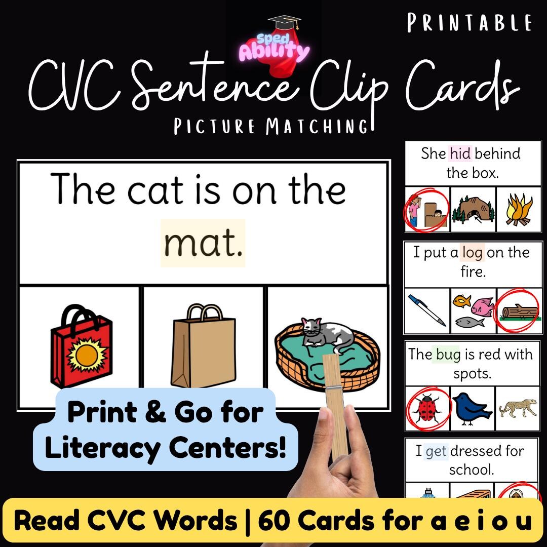 CVC Sentence Clip Cards | Short Vowels a E I O U | Read & Match ...