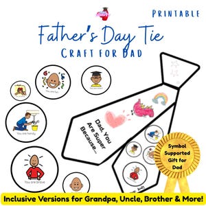 Pode incluir: Uma gravata artesanal imprimível para o Dia dos Pais com o contorno preto de uma gravata, o texto Dad, You Are Super Because... e ilustrações manuais de um coração, um dinossauro rosa e um arco-íris, junto a ícones circulares.