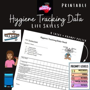 May include: Printable hygiene tracking data sheet with a checklist for washing hands. The sheet includes a prompt level chart with independent, verbal, gestural, partial physical, and physical prompts.