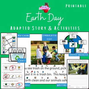 May include: A printable Earth Day activity pack for kids with a green background and the text "Earth Day" in large, white letters. The pack includes a matching game, a craft activity, a quiz, and a writing activity. The craft activity includes a picture of children picking up trash in a park. The writing activity includes a picture of a child picking up trash in a park. The text "You see trash on the ground, pick it up and put it in a trash bin. This keeps Earth clean and our animals safe." is included in the image.