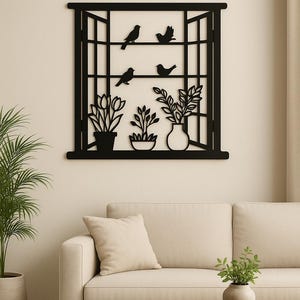 Flower Modern Wall Decor for Living Room - Window and Birds Metal Wall Art - Black Steel Hanging - Unique Home Gift - 3D Wall Accent