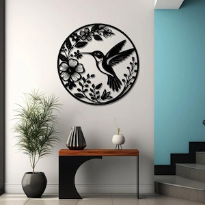 Hummingbird Metal Wall Art –Nature-Inspired Garden - Home Decor |Bird and Flower Metal Sign for Indoors & Outdoors |Matte Black Wall Hanging