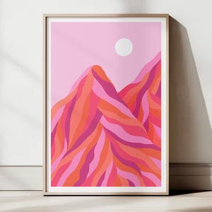 Affiche "Montagne solaire" – illustration colorée montagne rose orange – poster art nature vibrant – purplemay