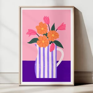 Póster "Florero": ilustración colorida de un jarrón con flores naranjas y rosas, decoración de pared poética, purplemay
