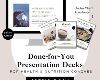 May include: A digital marketing image for a presentation deck for health and nutrition coaches. The image features a computer screen displaying a presentation slide titled "Minerals: Why They Matter So Much". The slide includes a graphic of a crystal and text about the importance of minerals for health. The image also includes three additional resources: "Additional Resources for Mineral Fitness", "Minerals for Your Body & Life", and "One Week Meal Plan". The image includes the text "Done-for-You Presentation Decks for Health & Nutrition Coaches" and "Download Now".