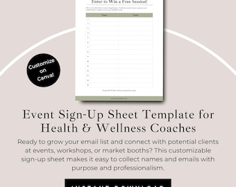 Hoja de registro editable para asesores de salud: Formulario de captura de correo electrónico (plantilla de Canva, descarga en PDF)