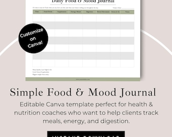 Plantilla de diario de alimentación y estado de ánimo / Registro de bienestar para coaches de salud en Canva editable / Registro de clientes