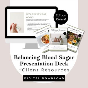 Plantilla de Canva para la presentación sobre el equilibrio del azúcar en sangre / Diapositivas de nutrición para asesores de salud + Manual del cliente