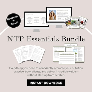 Może przedstawiać: Obraz promujący "NTP Essentials Bundle" z tekstem "Dostosuj w Canva!" i "Natychmiastowe pobieranie". Obraz zawiera ekrany komputerów, wydrukowane dokumenty i tekst "Wszystko, czego potrzebujesz, aby z pewnością promować swoją praktykę żywieniową."