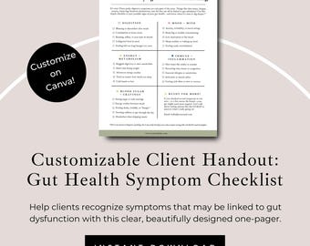 Lista de síntomas de salud intestinal / Folleto editable en Canva para profesionales de la nutrición y la función intestinal