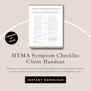 Scheda informativa sui sintomi dell'HTMA, analisi dei minerali dei tessuti capillari, risorsa per consulenti di nutrizione sanitaria, cliente HTMA, operatore del benessere, minerali