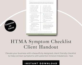 Lista de síntomas de HTMA, folleto para asesores de nutrición, editable en Canva, descarga digital, minerales