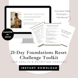 Könnte beinhalten: Ein digitales Toolkit für Gesundheits- und Ernährungscoaches. Das Bild zeigt einen Computerbildschirm mit dem Text "Welcome to the 21-Day Foundations Reset Challenge!" und Begleitdokumenten. Enthält tägliche Aufforderungen und Handouts.
