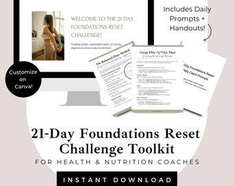 Kit de herramientas del reto de reinicio de 21 días para coaches de salud / Programa editable en Canva + Presentación
