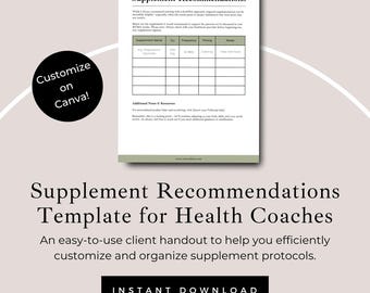 Plantilla de protocolo de suplementos / Seguimiento de clientes de coach de salud en Canva editable / Plan de bienestar imprimible