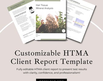 Plantilla de informe de cliente HTMA / Informe de resultados de análisis de minerales en tejido capilar personalizable en Canva para asesores de salud y nutrición