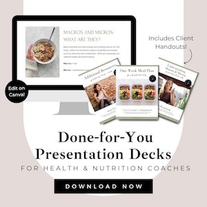 May include: A computer screen displaying a presentation about macros and micros, with the text "Macros and Micros: What Are They?" and "Done-for-You Presentation Decks for Health & Nutrition Coaches". The screen is surrounded by three printable handouts: "Additional Resources for Increasing Energy", "One Week Meal Plan for Well-Balanced Meals", and "Understanding Macros & Micros".