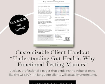 Folleto de pruebas funcionales de salud intestinal: Plantilla de Canva de mapa gastrointestinal editable para asesores de bienestar