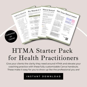 Pacchetto introduttivo HTMA, analisi dei minerali dei tessuti capillari, HTMA, risorsa per coach di professionisti della nutrizione sanitaria, minerali, pacchetto di dispense modificabili per il cliente