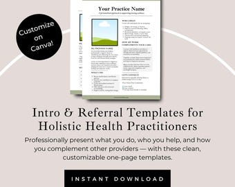 Folleto de referencia para asesores de salud / Plantilla de volante de introducción editable en Canva / Hoja de divulgación para profesionales del bienestar