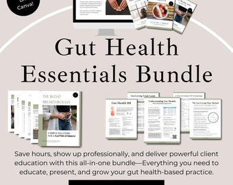 Paquete de elementos esenciales para la salud intestinal para coaches de salud / Presentaciones de Canva, folletos para clientes y plantillas de lead magnet