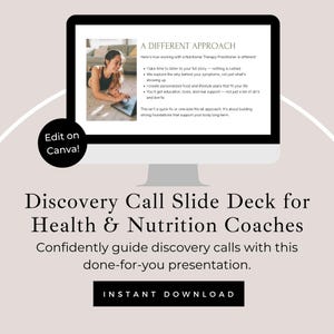 Puede incluir: Un monitor de computadora muestra una presentación titulada "A Different Approach" sobre terapia nutricional. La imagen incluye el texto "Discovery Call Slide Deck for Health & Nutrition Coaches" y "Instant Download".