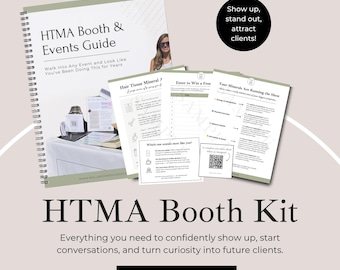 May include: A spiral-bound "HTMA Booth & Events Guide" with the text "Walk Into Any Event and Look Like You've Been Doing This for Years." Several printed pages and a black circle with the text "Show up, stand out, attract clients!" are also visible.