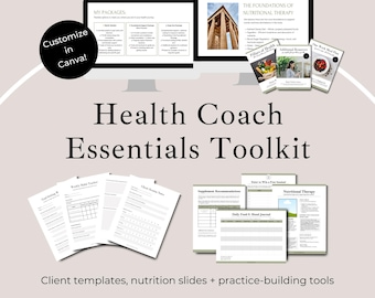 May include: A digital health coach toolkit featuring two computer monitors displaying package options and nutritional therapy slides, alongside printed templates for goal setting, habit tracking, client notes, supplement recommendations, and meal planning.