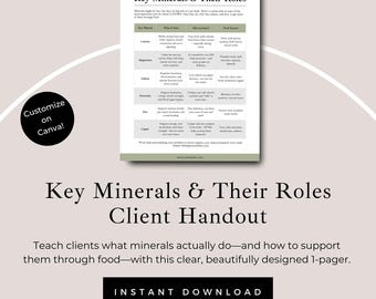 Guía de minerales HTMA: Minerales clave, folleto para asesores de nutrición, editable en Canva, descarga digital