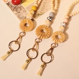 Braided Rattan Ring Lanyard,Personalized Lanyard,Teacher Gift,Wood Beads Lanyard,Beads Badge Accessory,Id Lanyard for Teacher Nurse,ID Badge