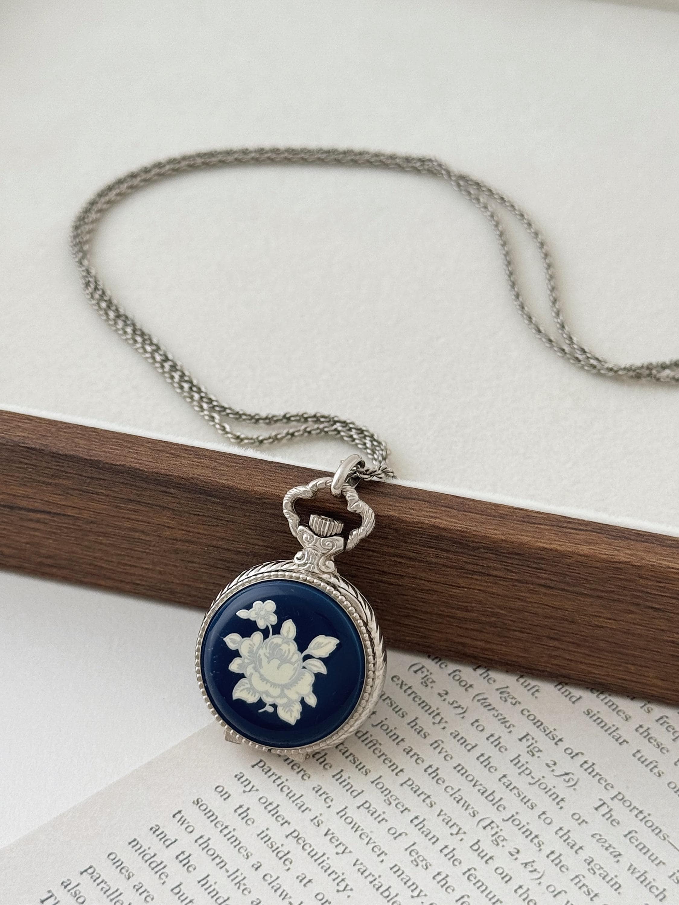 Vintage André Mouche Enamel Floral Pendant Watch With Chain